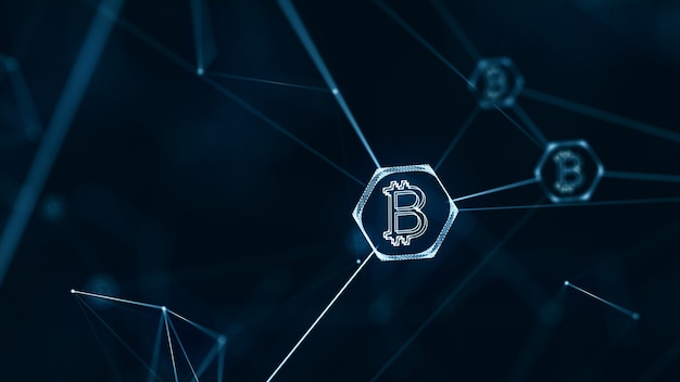 Bitcoin y el concepto de criptomoneda de la cadena de bloques con el signo de moneda de bitcoin en la conexión de li