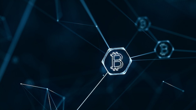 Bitcoin y el concepto de criptomoneda de cadena de bloques con el signo de la moneda bitcoin en la conexión de li