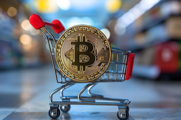 Bitcoin en el contexto de un concepto de carrito de compras Criptomoneda Comercio electrónico Pagos digitales Transacciones seguras Compras en línea