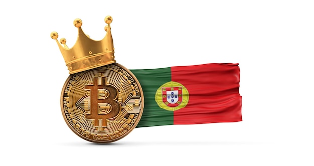 Bitcoin con corona de oro y bandera de portugal cryptocurrency king concept d rendering