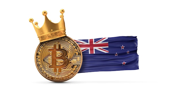 Bitcoin con corona de oro y concepto de rey de criptomoneda de bandera de nueva zelanda representación d