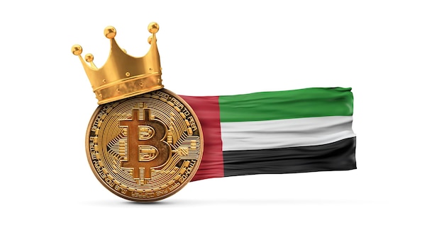 Bitcoin con corona de oro y representación de concepto de rey de criptomoneda de bandera de los emiratos árabes unidos