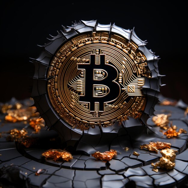 Bitcoin criptomoneda digital minada monumento de moneda bitcoin en la roca