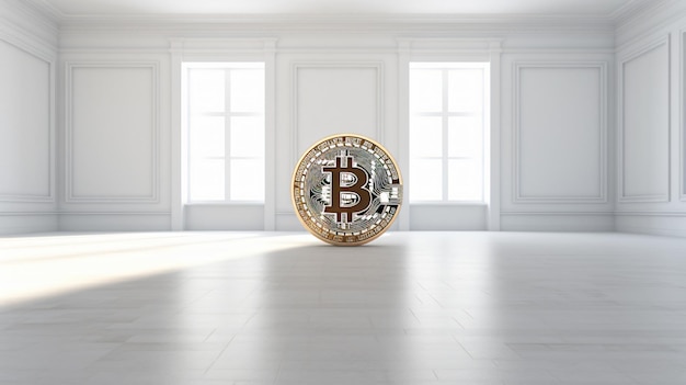 Bitcoin en una criptomoneda en una habitación blanca y vacía