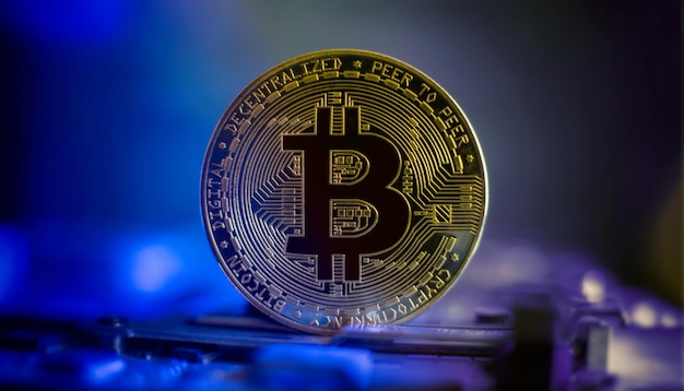 Bitcoin cryptocurrency nueva versión sobre fondo de placa de circuito electrónico de computadora Dinero de criptomoneda virtual Bitcoin golden