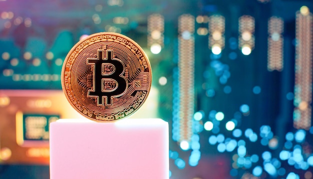 Bitcoin cryptocurrency nueva versión sobre fondo de placa de circuito electrónico de computadora Dinero de criptomoneda virtual Bitcoin golden