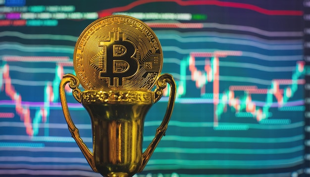 Bitcoin cryptocurrency nueva versión sobre fondo de placa de circuito electrónico de computadora Dinero de criptomoneda virtual Bitcoin golden