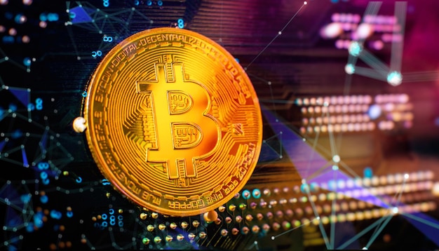 Bitcoin cryptocurrency nueva versión sobre fondo de placa de circuito electrónico de computadora Dinero de criptomoneda virtual Bitcoin golden