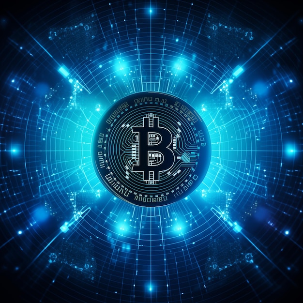 Foto bitcoin-cyberspace-wireframe mit dunkelblauem hintergrund