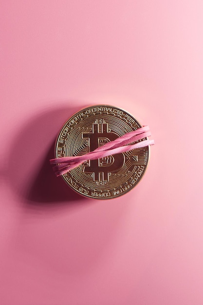 Bitcoin de moeda de ouro física apertado com um elástico por dinheiro em um fundo rosa. Conceito de criptomoeda digital