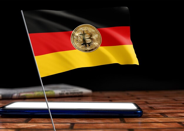 Bitcoin Deutschland auf Flagge Deutschlands. Bitcoin-Nachrichten und Rechtslage in Deutschland-Konzept.