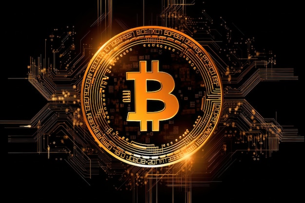 Bitcoin digital com design de fundo de tecnologia no estilo de ouro escuro e âmbar claro Gerado por IA