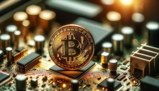 Bitcoin dorado en un enfoque agudo contra un tapiz de tecnología