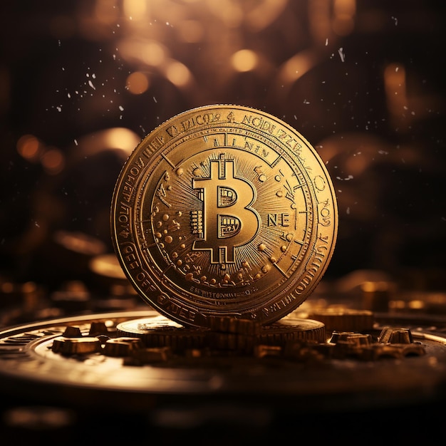 Bitcoin dorado en el fondo de las monedas de oro Concepto de criptomoneda