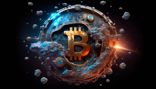 Bitcoin dorado en el fondo del universo oscuro despegando hacia la luna Generación AI