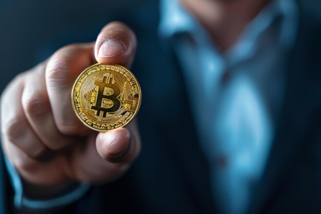Bitcoin dorado en la mano de la gente negocios de dinero virtual y criptomonedas