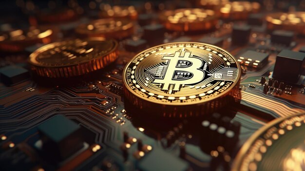 El Bitcoin dorado se mezcla perfectamente con el telón de fondo de una placa de circuito digital