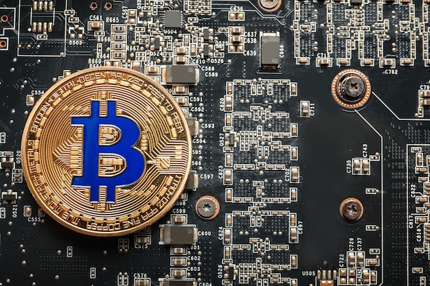Bitcoin dorado en la placa de circuitos