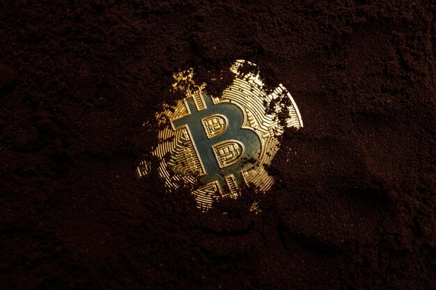 Bitcoin dorado sobre el concepto de criptomoneda de fondo del suelo