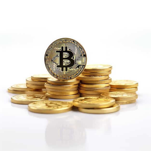 Bitcoin dorado sobre un montón de monedas de oro aisladas sobre fondo blanco