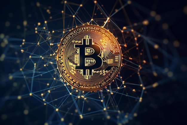 Bitcoin dourado com conexões de blockchain digital saindo dele em fundo azul escuro