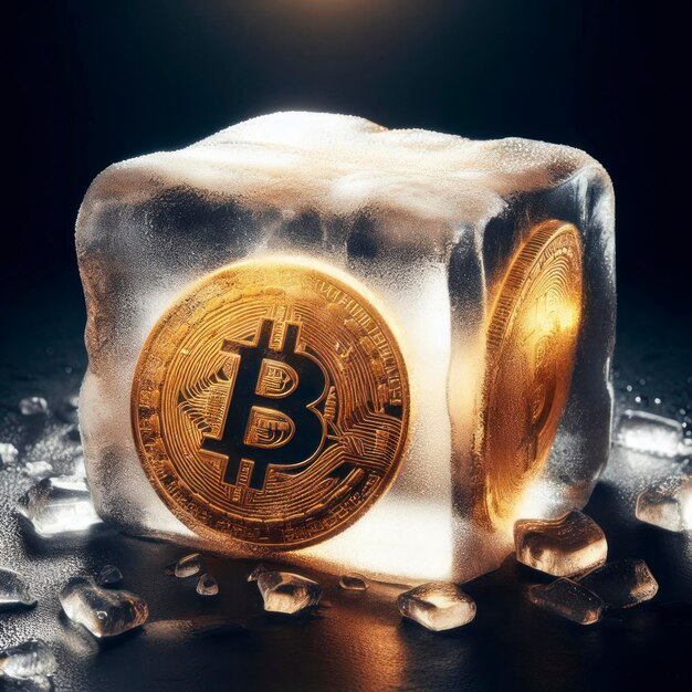 Bitcoin dourado congelado dentro de um bloco de gelo em fundo preto escuro ai generativo