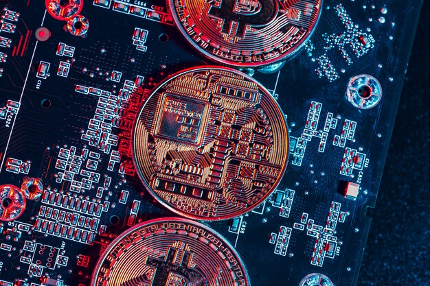 Bitcoin dourado e chip de computador