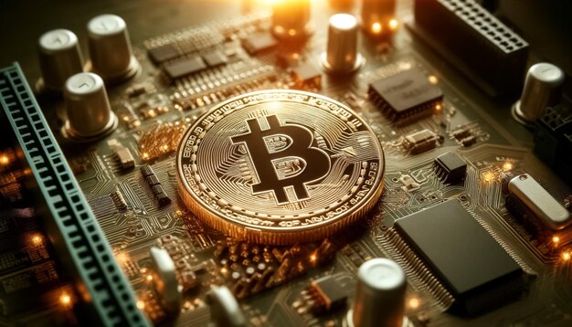 Foto bitcoin dourado em foco afiado contra uma tapeçaria de tecnologia