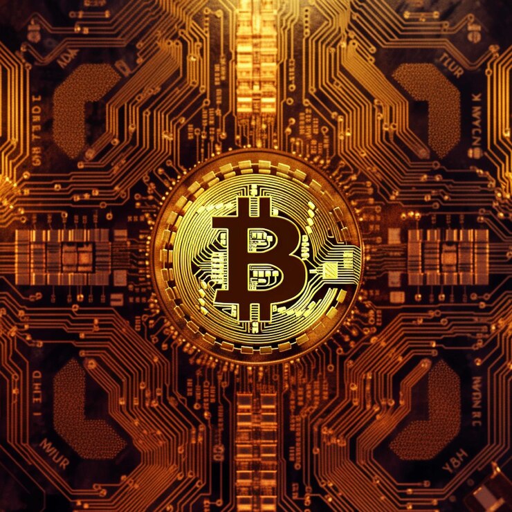 Foto bitcoin dourado em um chip de computador close-up ilustração 3d