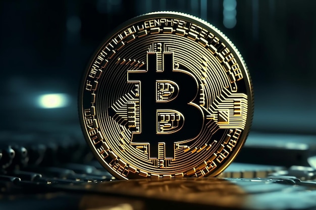 Bitcoin dourado em uma ilustração 3d do conceito de criptomoeda de fundo escuro