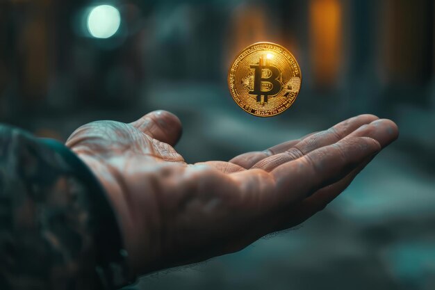 Bitcoin dourado nas mãos das pessoas negócios de dinheiro virtual e criptomoedas