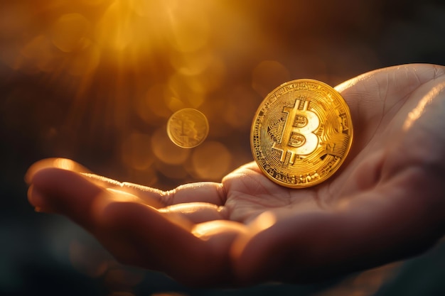 Bitcoin dourado nas mãos das pessoas negócios de dinheiro virtual e criptomoedas