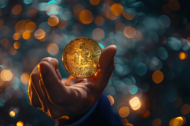 Bitcoin dourado nas mãos das pessoas negócios de dinheiro virtual e criptomoedas