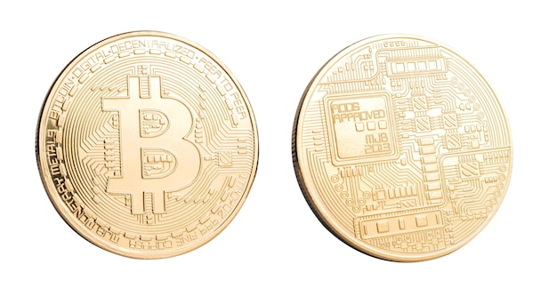 Bitcoin dourado no fundo branco, moeda digital