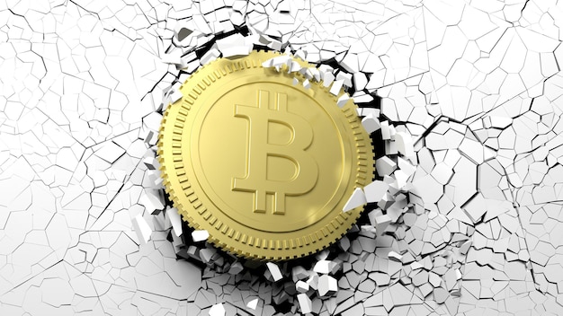 Bitcoin dourado quebrando à força através de uma ilustração 3d de parede branca