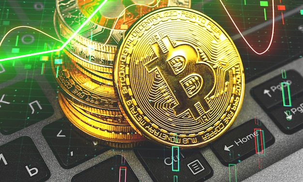 Bitcoin e barras de gráfico do mercado de ações digital, conceito de criptomoeda e crescimento de ações, novo dinheiro virtual e foto de fundo de investimento