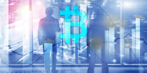 Bitcoin e diagrama Crypto Icon no fundo futurista Investimento do mercado de ações da bolsa de valores