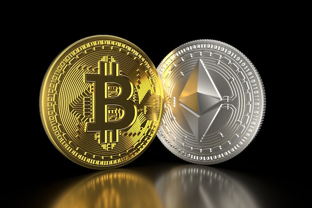 Bitcoin e ethereum. as moedas 3d douradas e de prata isoladas em 3d preto rendem.