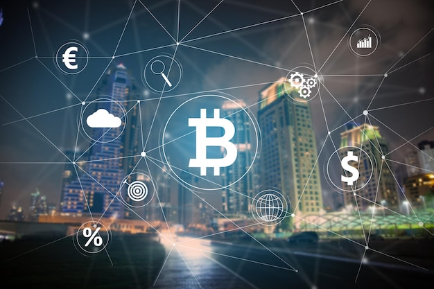 Bitcoin e iconos en pantalla virtual