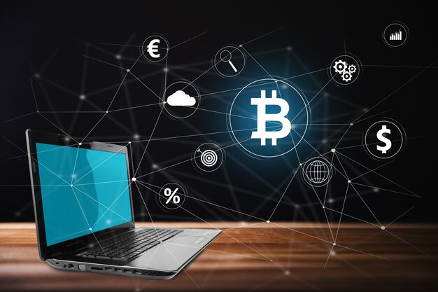 Bitcoin e iconos en una pantalla virtual