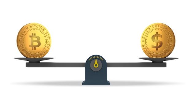 Foto bitcoin e moeda de dólar em escalas de equilíbrio