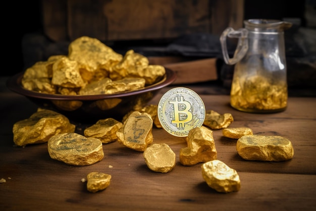 Bitcoin e pepita de ouro em uma mesa de madeira Conceito de mineração de criptomoedas IA geradora