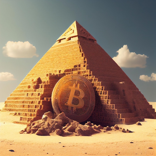 Bitcoin é uma criptomoeda de moeda de esquema de pirâmide BTC em um fundo de ilustração de pirâmide