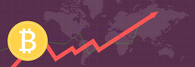 Bitcoin em métricas multicoloridas e gráficos em planos de fundo multicoloridos e mapa-múndi