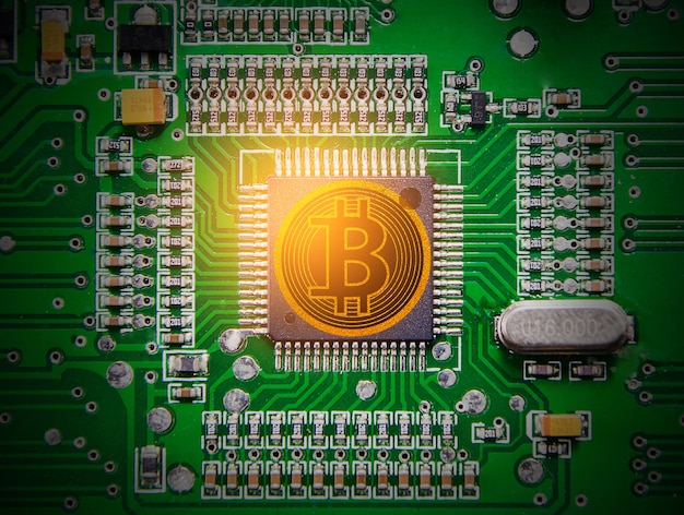 bitcoin em placa eletrônica verde