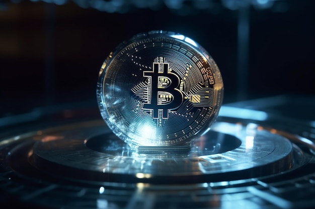 Bitcoin em uma bola de cristal em um fundo preto Conceito de criptomoeda