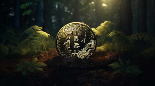 Un bitcoin en un entorno natural del bosque