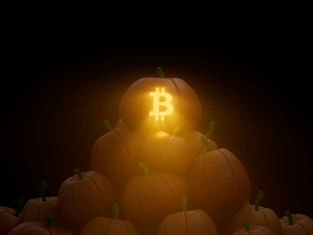 Bitcoin Esculpido Abóbora Pilha Pilha Criptografia Moeda Ilustração 3D Render Iluminação Escura