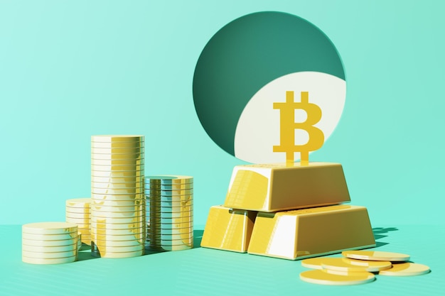 Bitcoin se está volviendo más valioso que el oro y la moneda hoy concepto financiero en amarillo y verde color renderización 3D