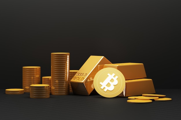 Bitcoin se está volviendo más valioso que el oro y la moneda hoy concepto financiero en color negro renderización 3D